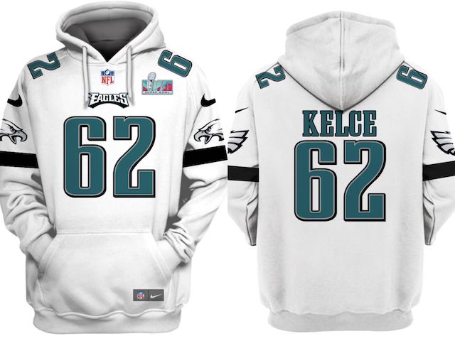 Men's Philadelphia Eagles #62 Jason Kelce White Super Bowl LVII Patch Pullover Hoodie - Click Image to Close